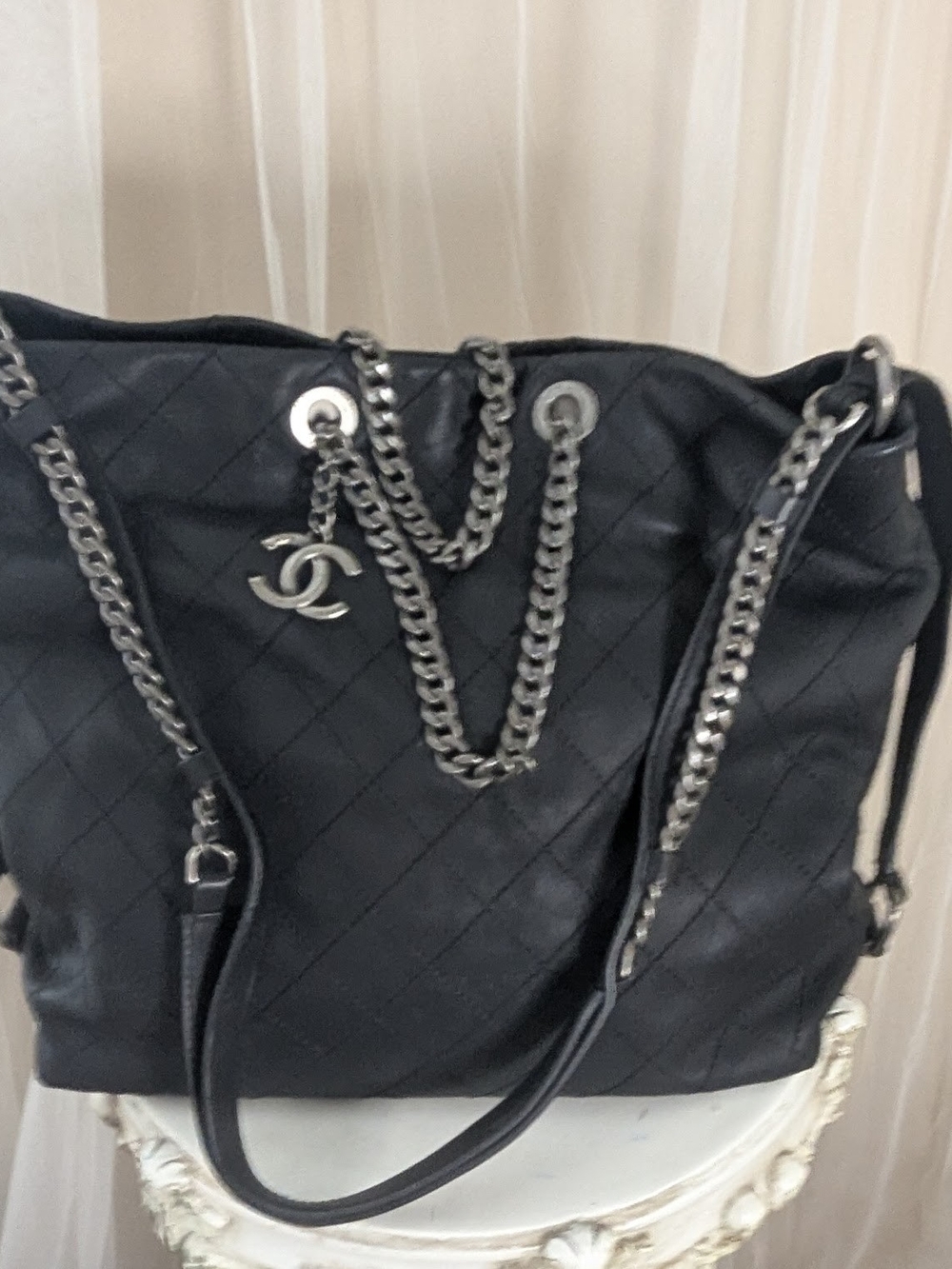 Quilted Black Leather Tote with Chain Straps